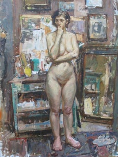 "Model, Astone Studio" Contemporary impressionist oil painting, female nude