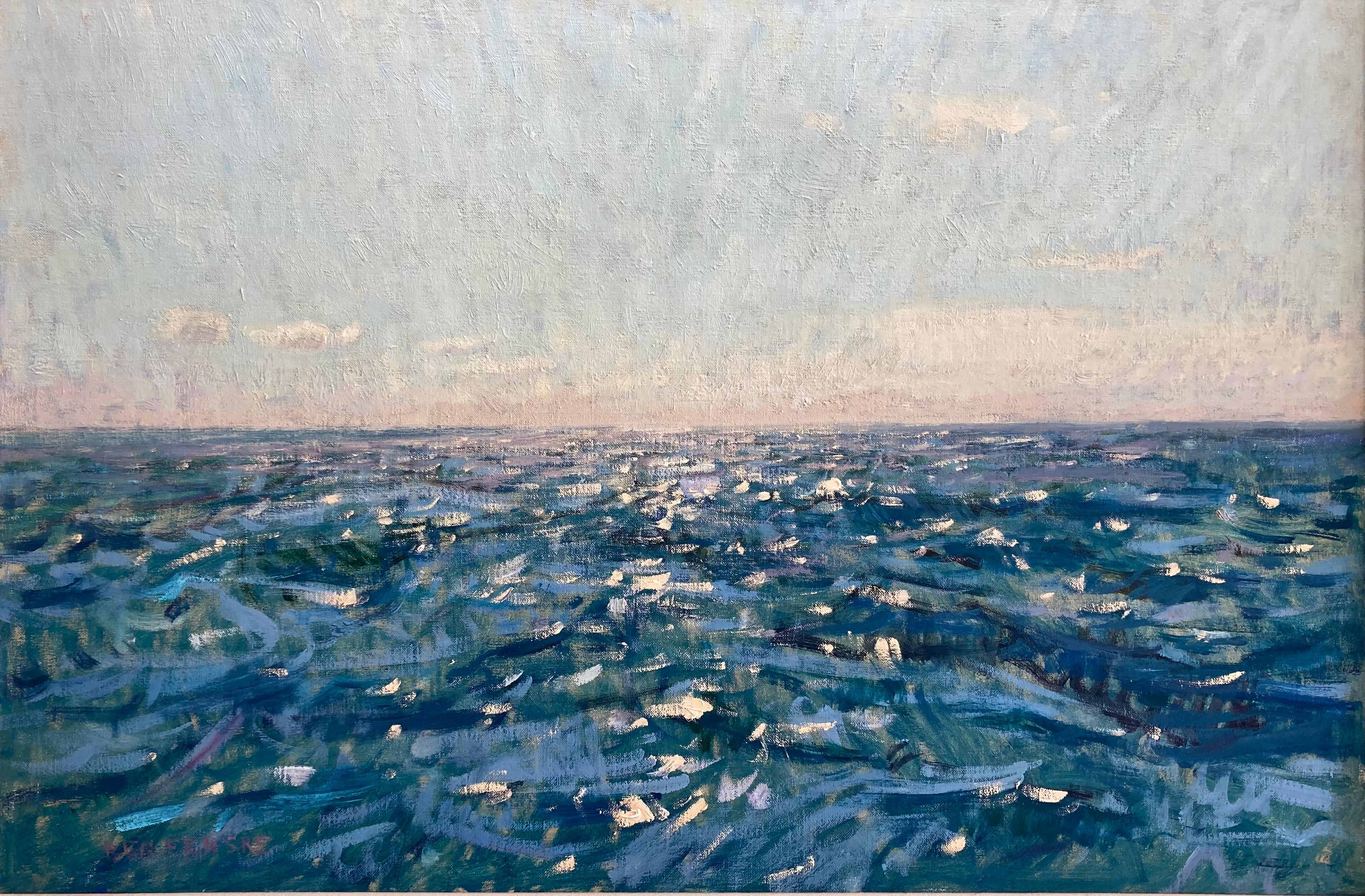 Abstract Painting di Ben Fenske - "Mare aperto" prospettiva impressionista di un marinaio nell'immenso blu dell'Oceano Atlantico