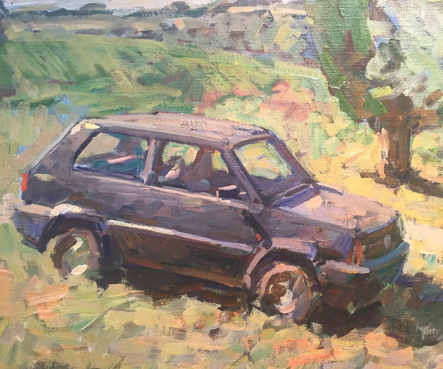 „Parked Panda“ Pleinair-Gemälde von Fenskes Fiat in toskanischer Landschaft (Amerikanischer Impressionismus), Painting, von Ben Fenske