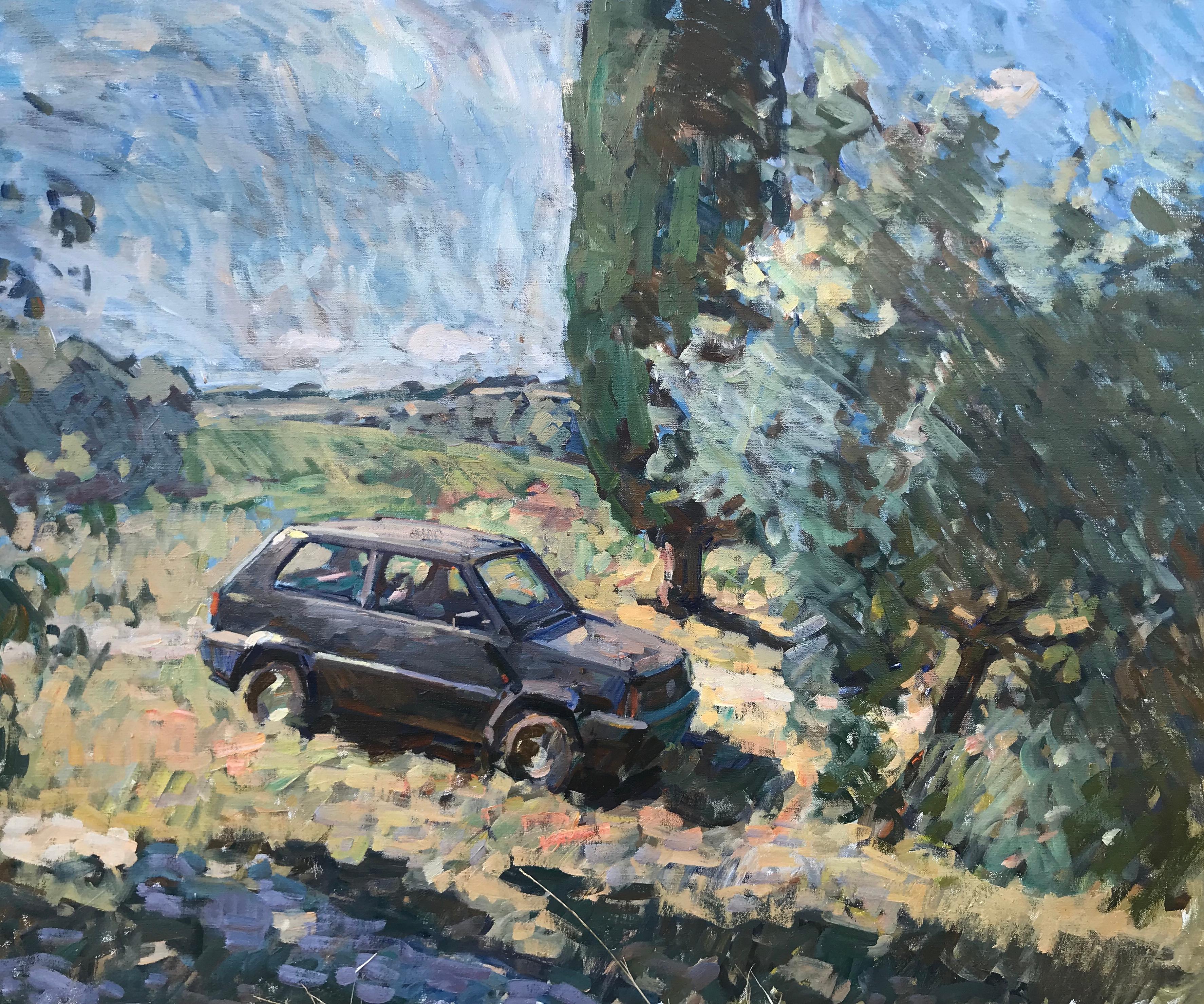 "Parked Panda" plein air painting of Fenske's Fiat in Tuscan landscape