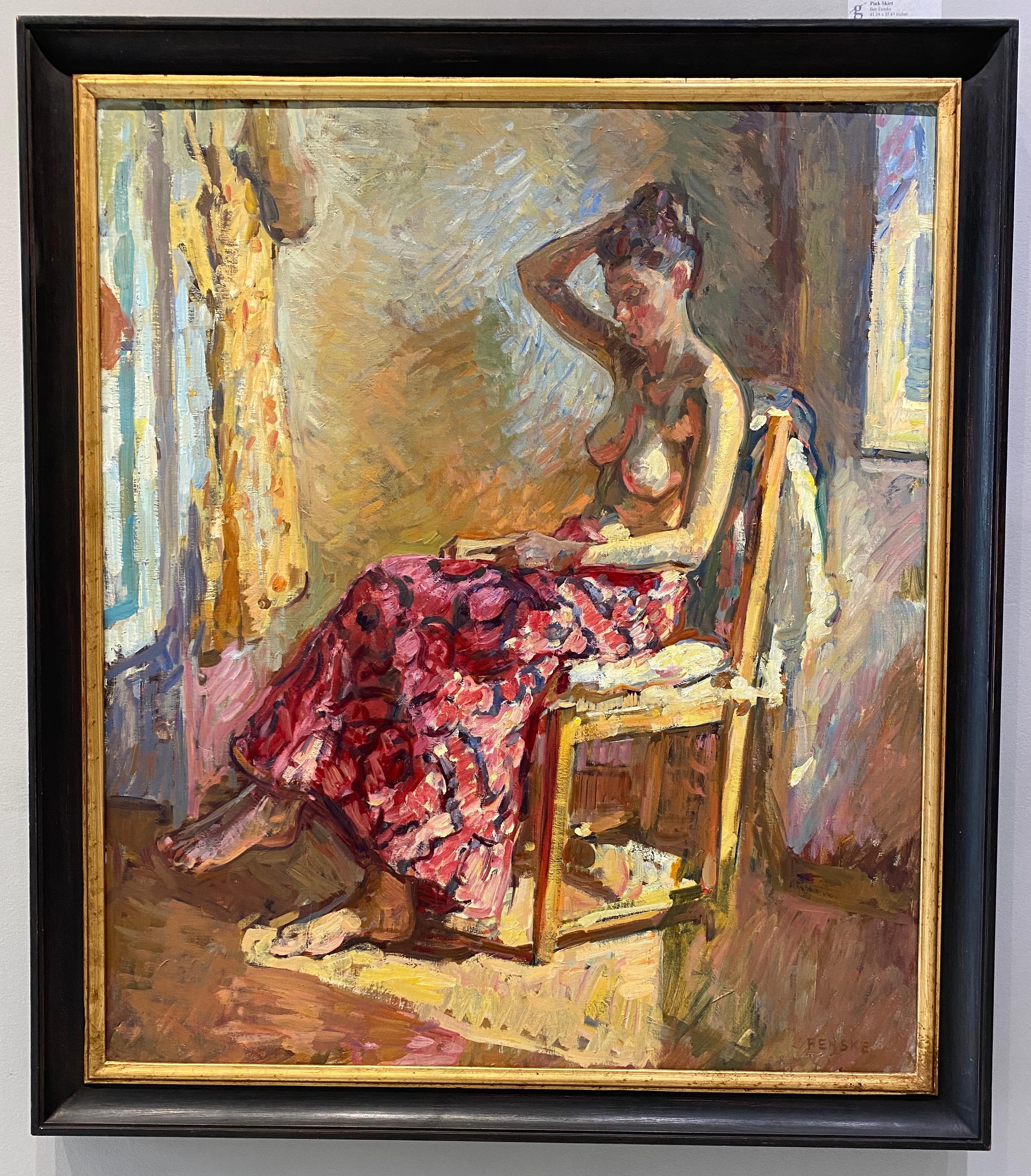 Impressionistisches Ölgemälde „Pink Skirt“ mit einer Frau, die ein Buch hält, in der Hand. – Painting von Ben Fenske