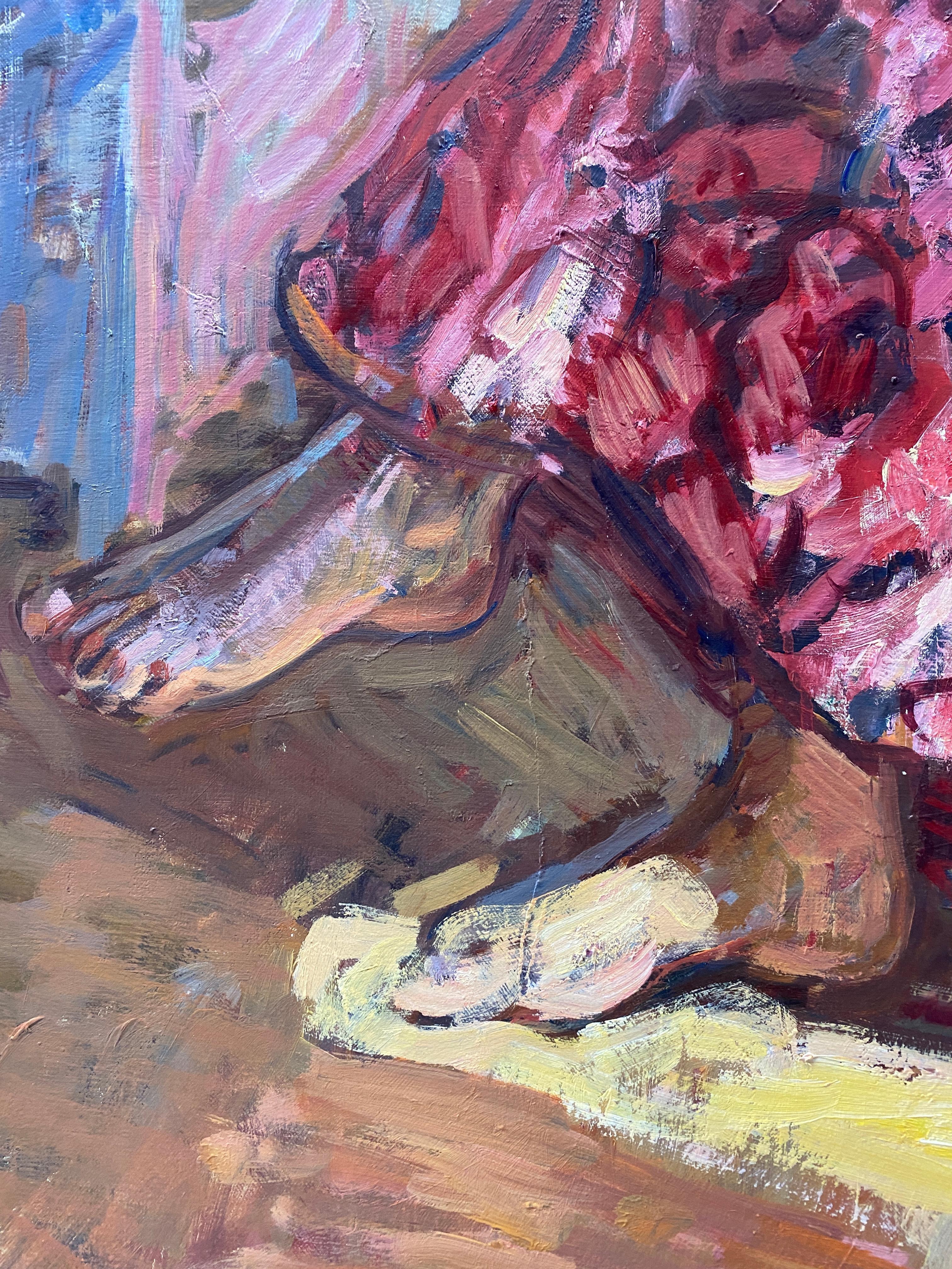 Impressionistisches Ölgemälde „Pink Skirt“ mit einer Frau, die ein Buch hält, in der Hand. im Angebot 1