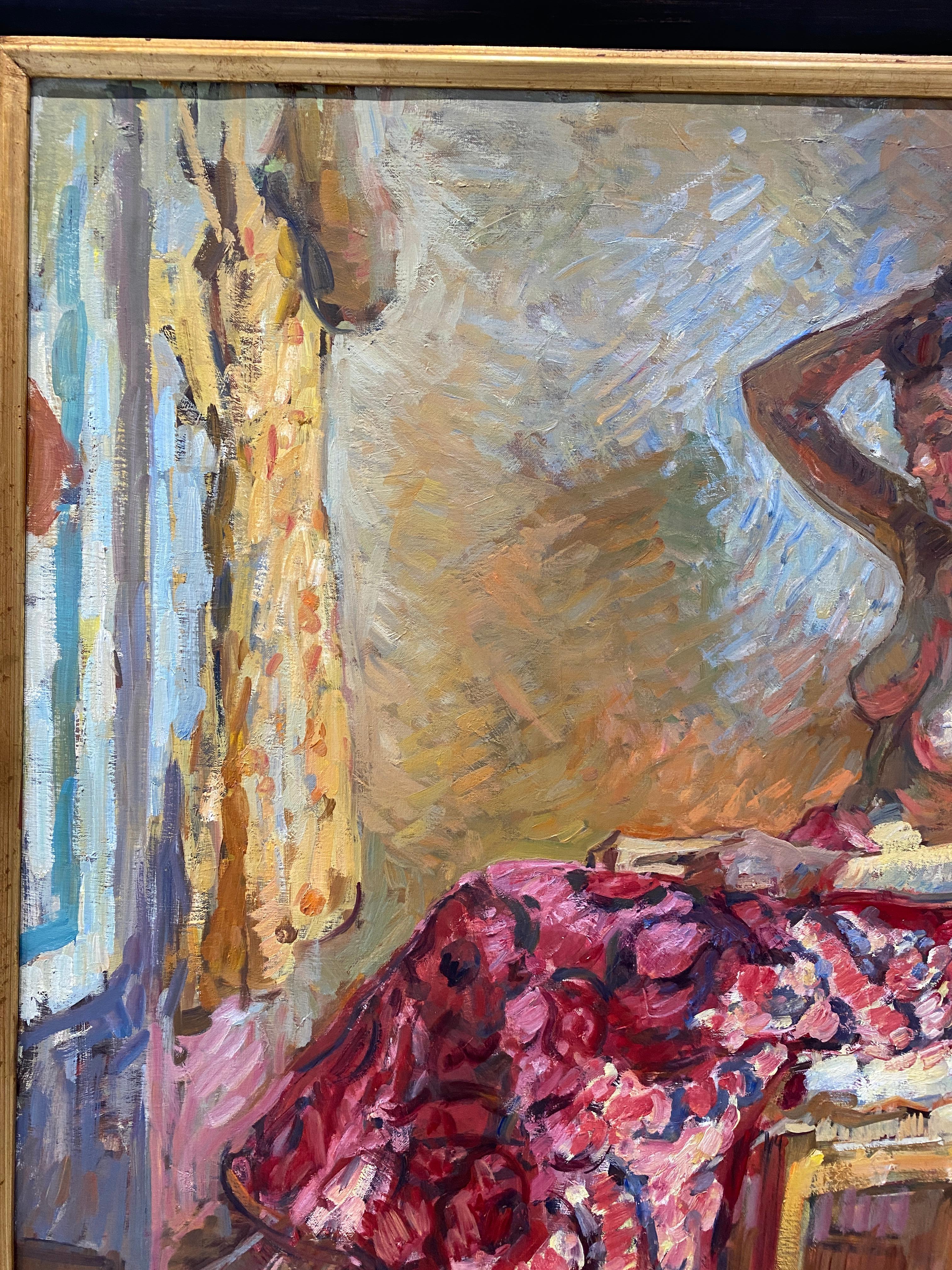 Impressionistisches Ölgemälde „Pink Skirt“ mit einer Frau, die ein Buch hält, in der Hand. im Angebot 2