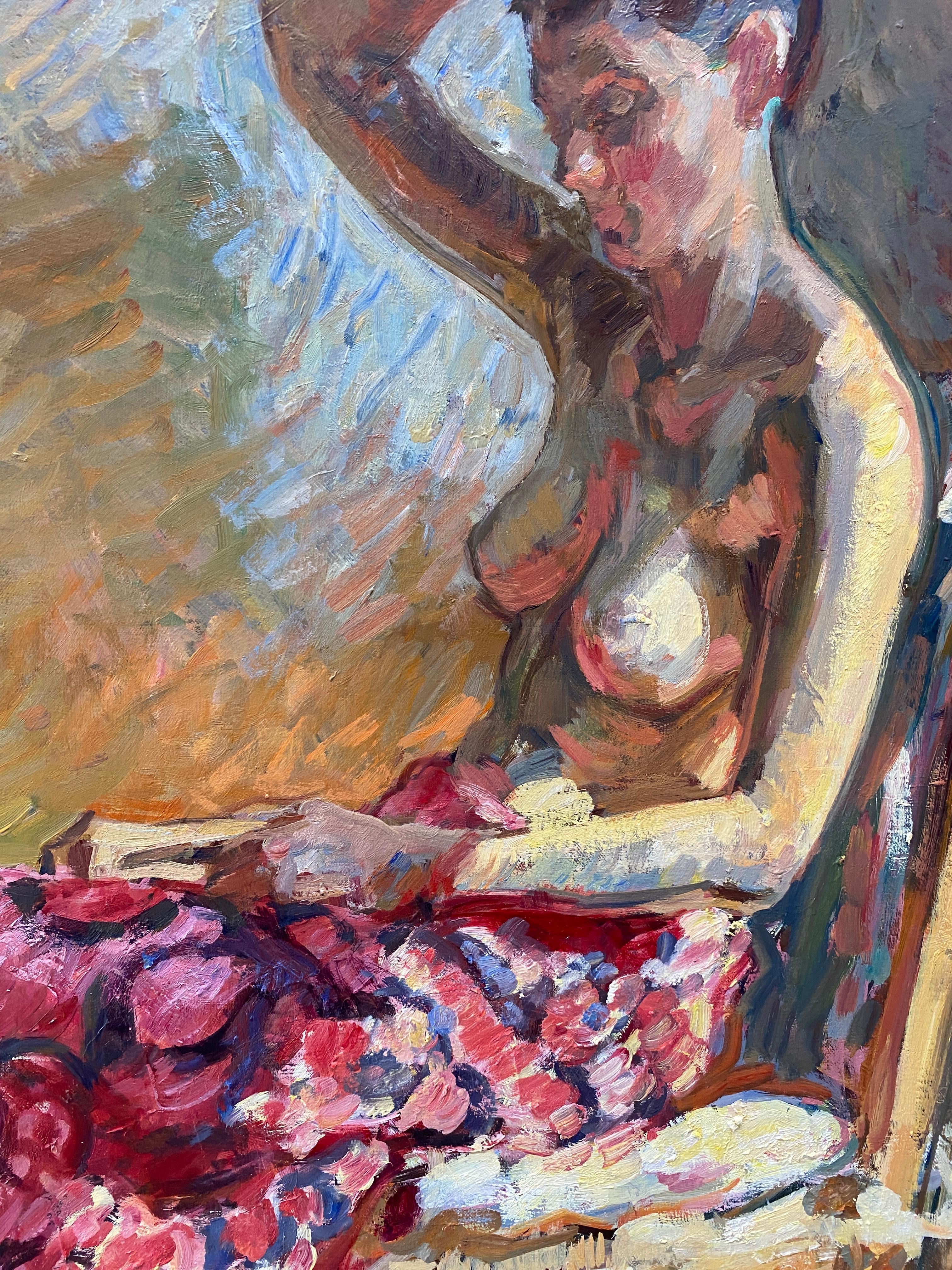 Impressionistisches Ölgemälde „Pink Skirt“ mit einer Frau, die ein Buch hält, in der Hand. im Angebot 3