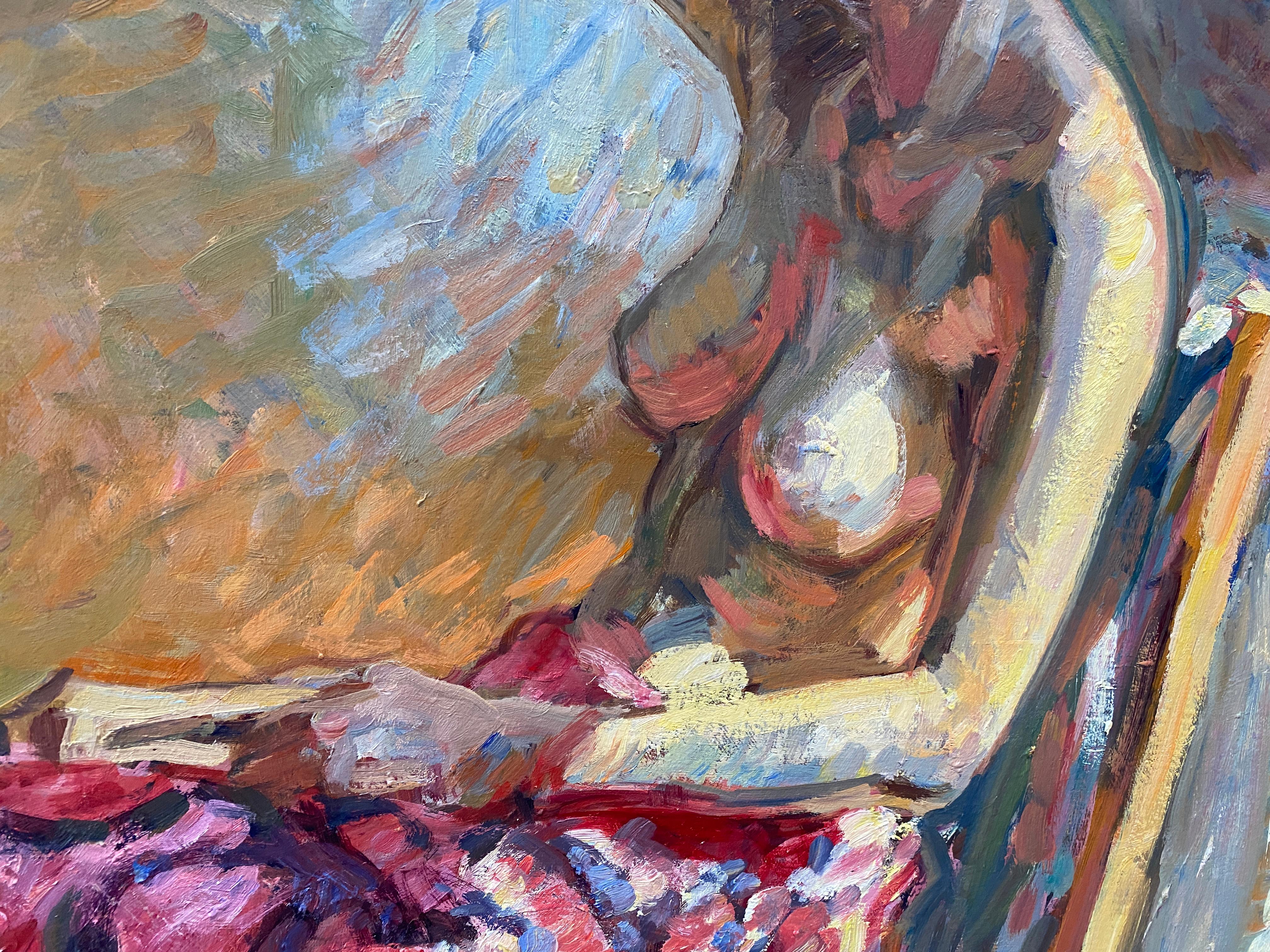 Impressionistisches Ölgemälde „Pink Skirt“ mit einer Frau, die ein Buch hält, in der Hand. im Angebot 4