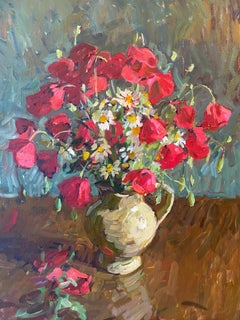 "Poppies and Daisies" impressionist oil painting of bright bouquet still life