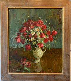 "Poppies and Daisies" impressionist oil painting of bright bouquet still life