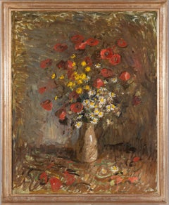 "Papaveri, camomilla", fiore di campo rosso, pittura ad olio impressionista di natura morta 2023