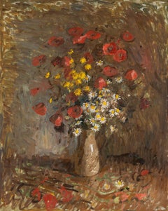 "Papaveri, camomilla", fiore di campo rosso, pittura ad olio impressionista di natura morta 2023