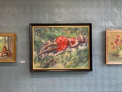 "Red Dress" contemporary impressionist painting of woman laying in grass, Italy