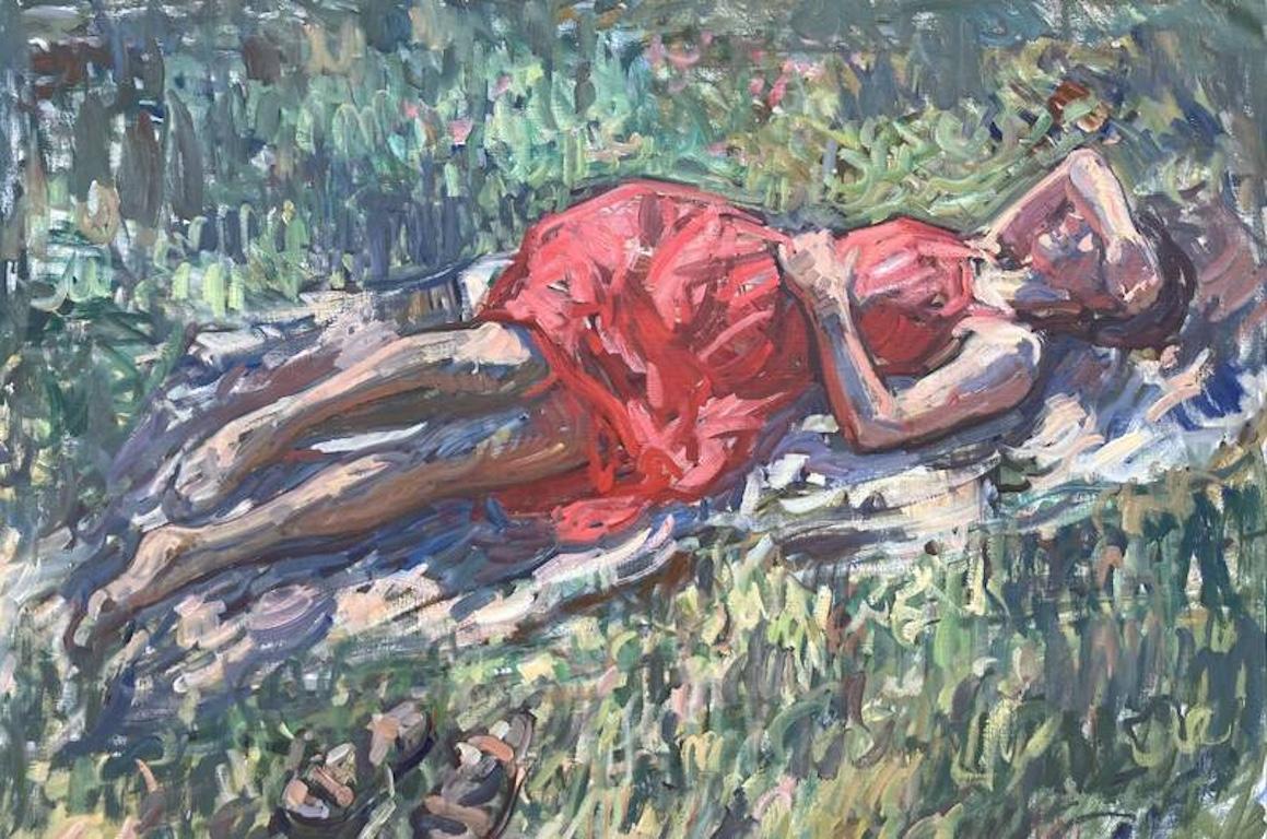 "Abito rosso" dipinto impressionista contemporaneo di donna sdraiata sull'erba, Italia