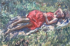 "Red Dress" contemporary impressionist painting of woman laying in grass, Italy