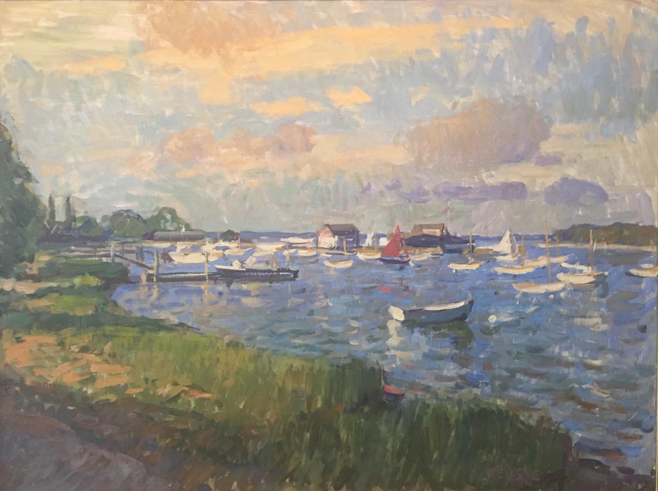 Red Sail at Dering Harbor - Painting by Ben Fenske