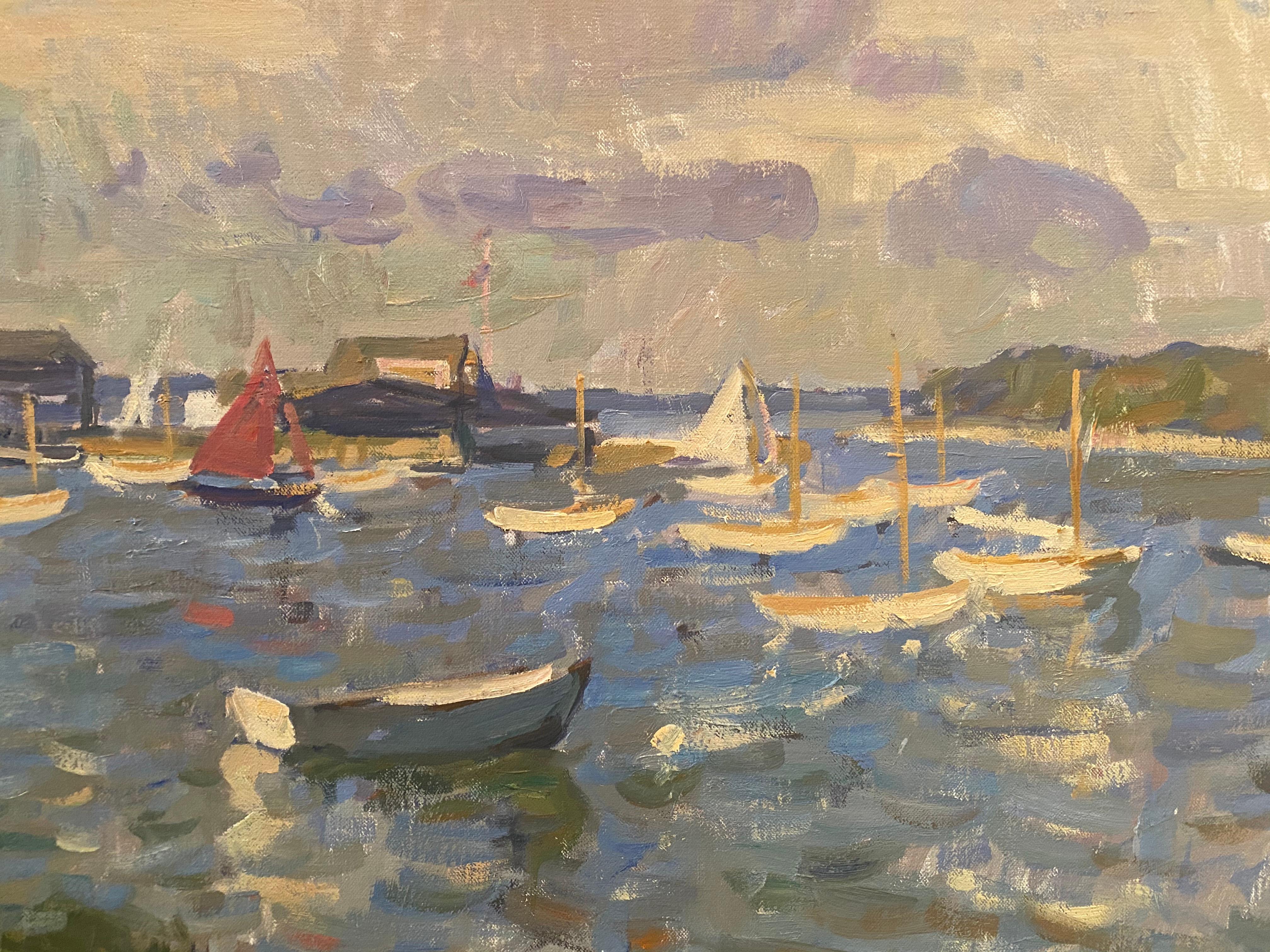 Red Sail at Dering Harbor - American Impressionist Painting by Ben Fenske