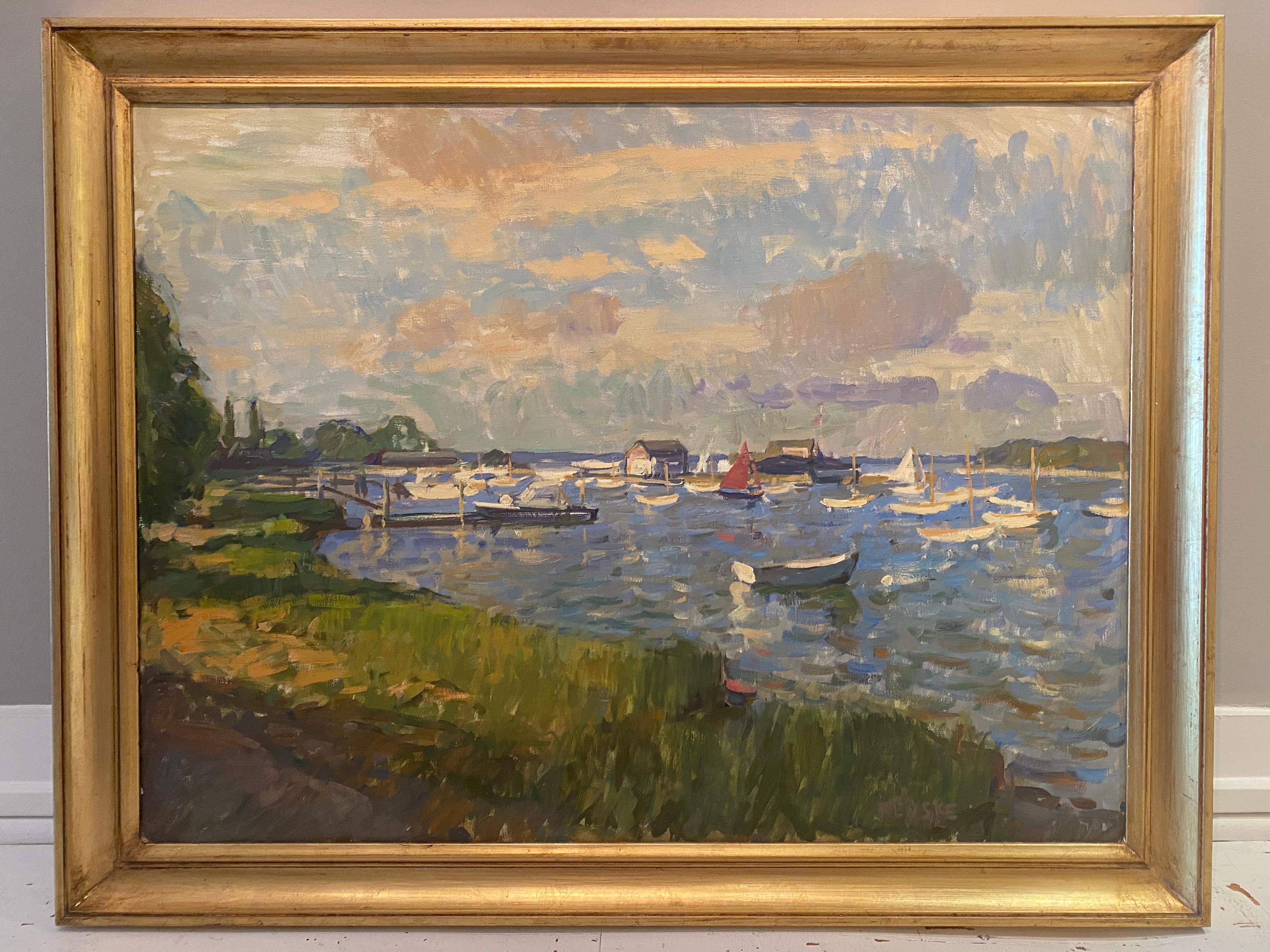 Red Sail at Dering Harbor - Brown Figurative Painting by Ben Fenske