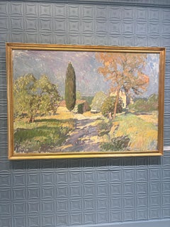 “Road, House” impressionist oil painting, Italy, cool tones, signed & framed