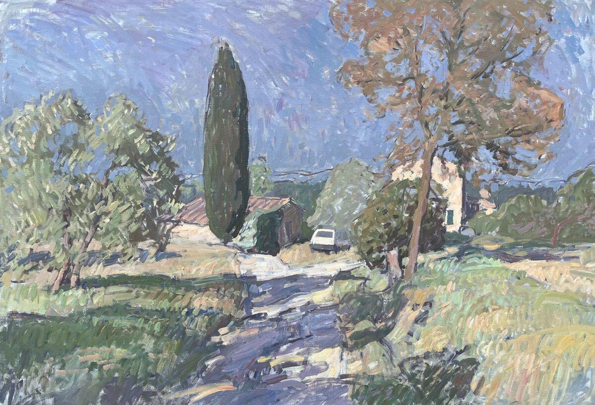 "Road, House" peinture à l'huile impressionniste, Italie, tons froids, signée et encadrée - Painting de Ben Fenske