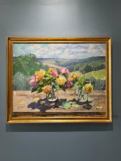 "Roses in the Sun" contemporary oil impressionist outdoor still life, Tuscany