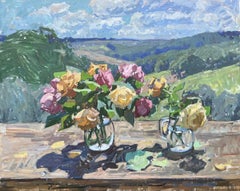 "Rosas al sol" bodegón contemporáneo al óleo impresionista al aire libre, Toscana