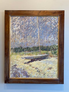 "Sailboat" contemporary impressionist oil painting of boat on the beach, summer