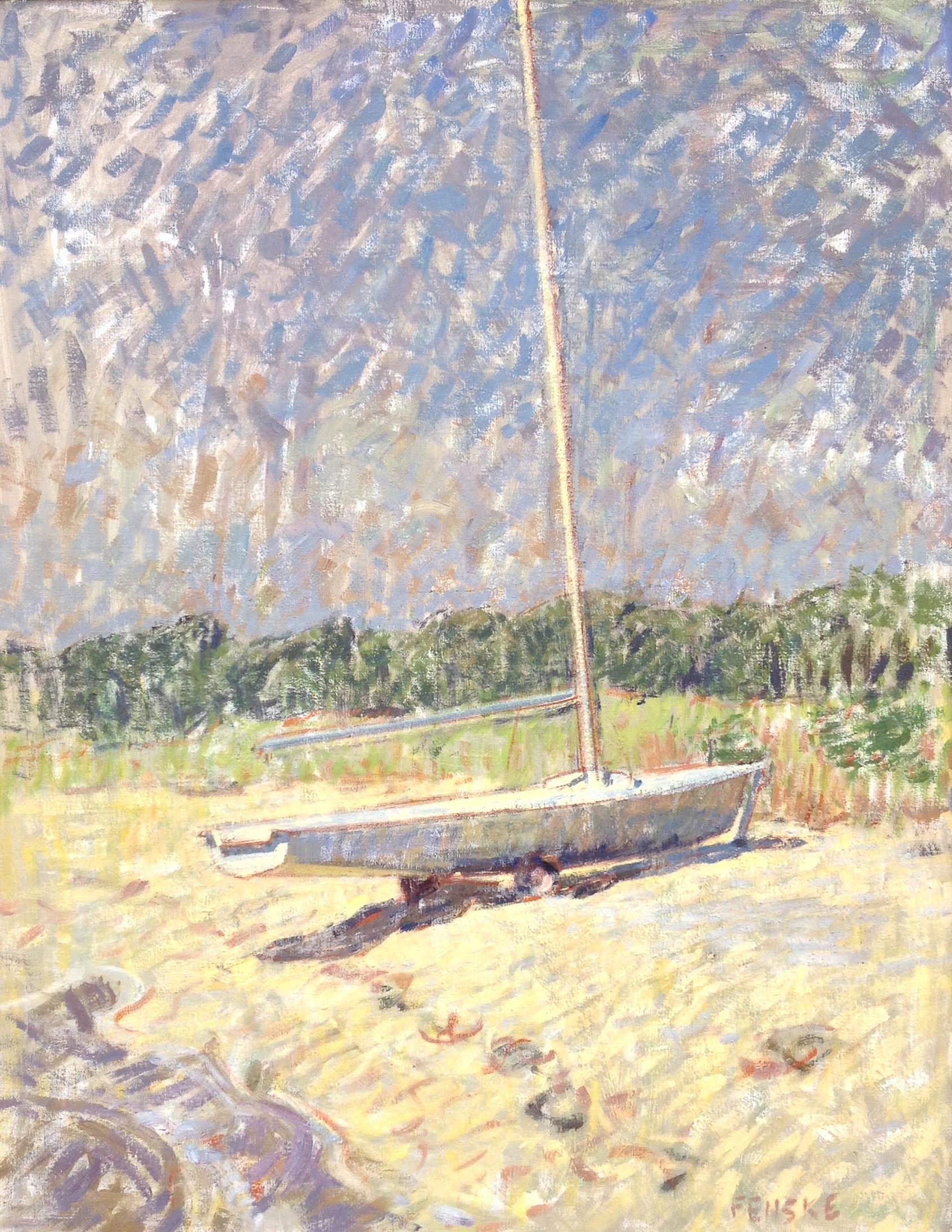 Ben Fenske Figurative Painting – "Segelboot" zeitgenössische impressionistische Ölgemälde von Boot am Strand, Sommer