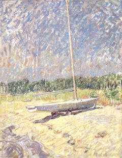 "Segelboot" zeitgenössische impressionistische Ölgemälde von Boot am Strand, Sommer