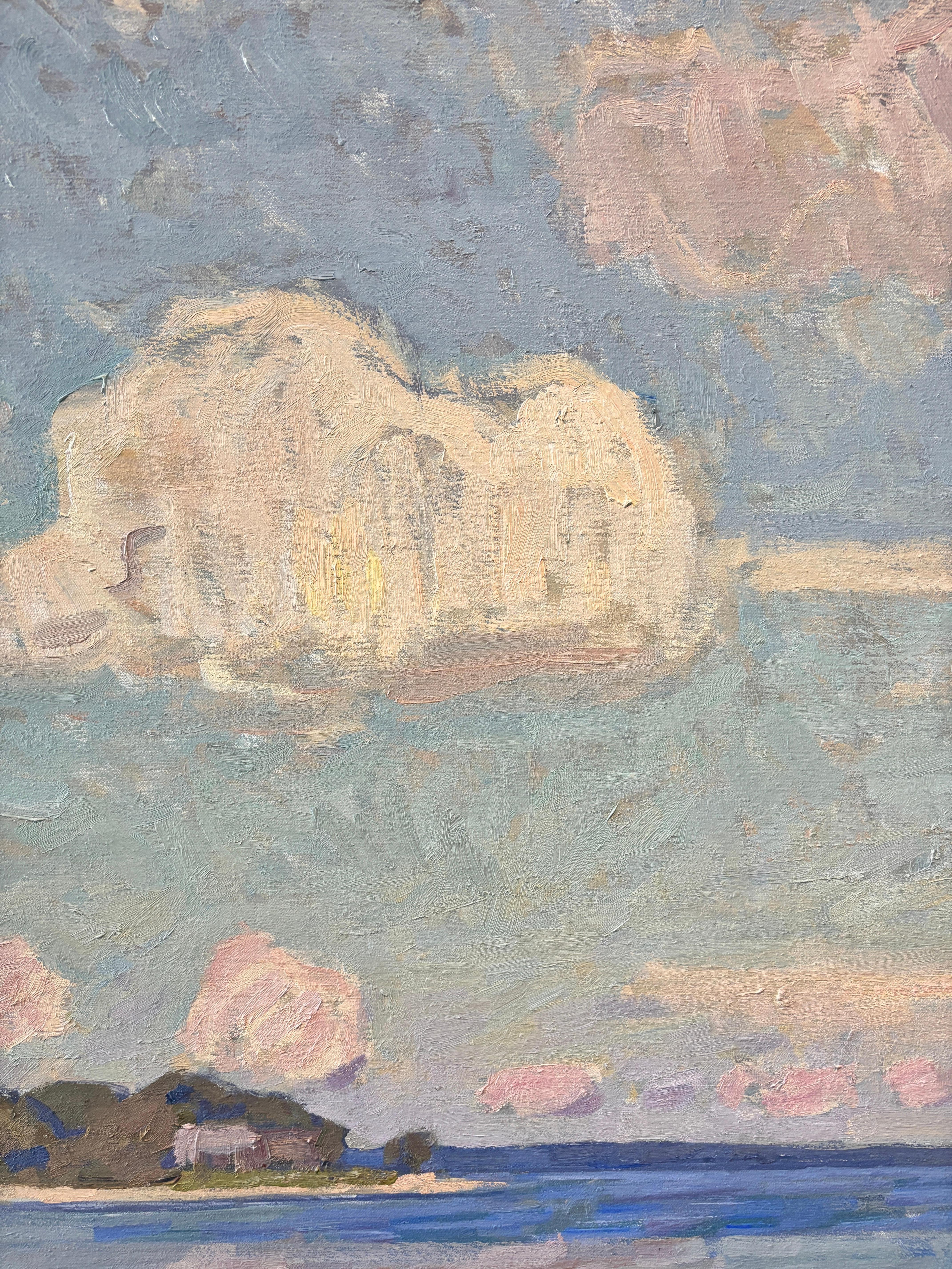 „Secret Beach, Clouds“ – Ölgemälde, Strand in Sag Harbor mit Segelbooten, gerahmt im Angebot 2