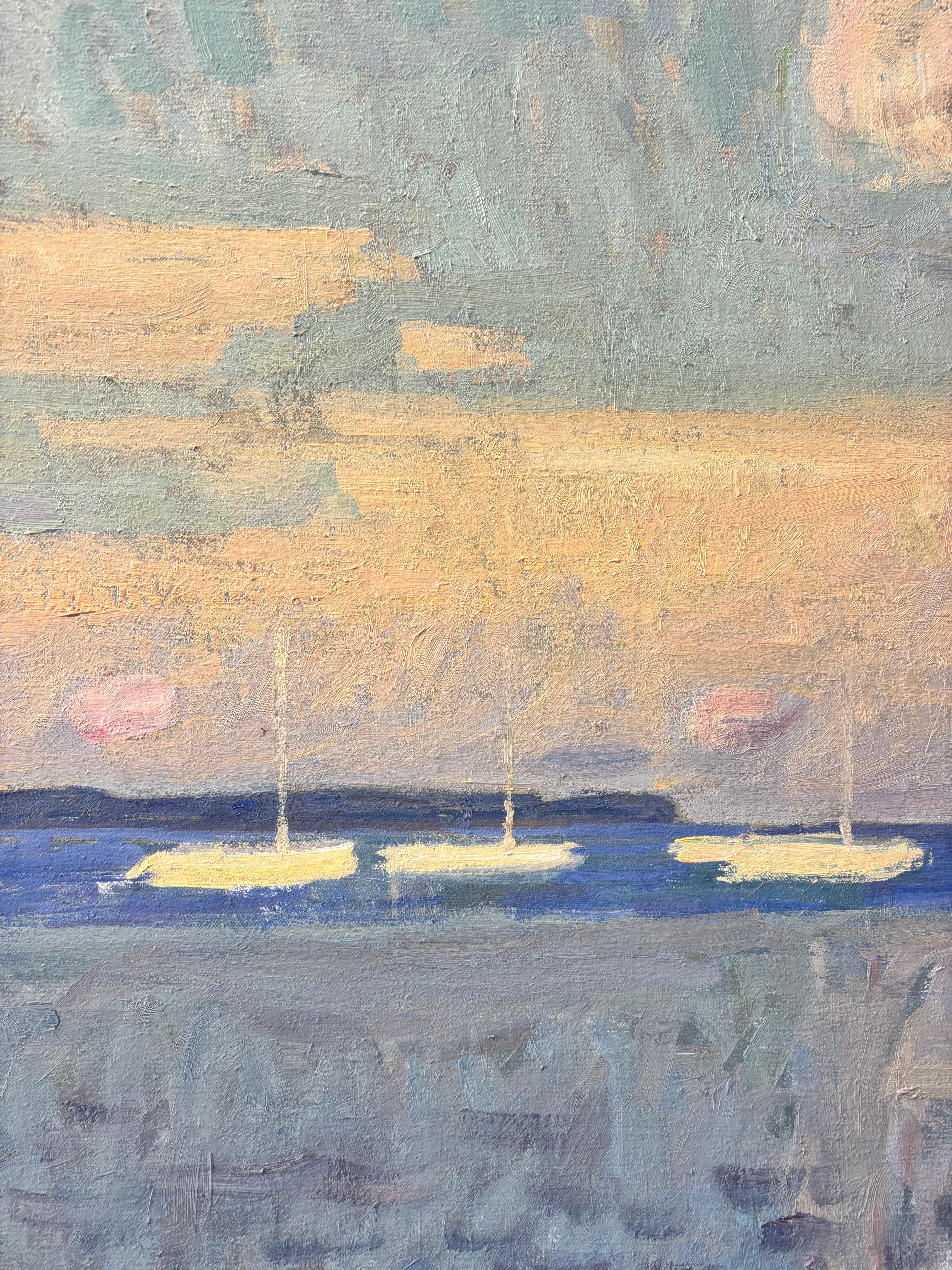 „Secret Beach, Clouds“ – Ölgemälde, Strand in Sag Harbor mit Segelbooten, gerahmt im Angebot 3