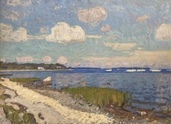 "Secret Beach, Clouds" - oil painting, Sag Harbor beach with sailboats, framed