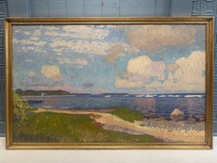 "Secret Beach Panorama in Early Autumn" - oil painting, Hamptons Seascape clouds