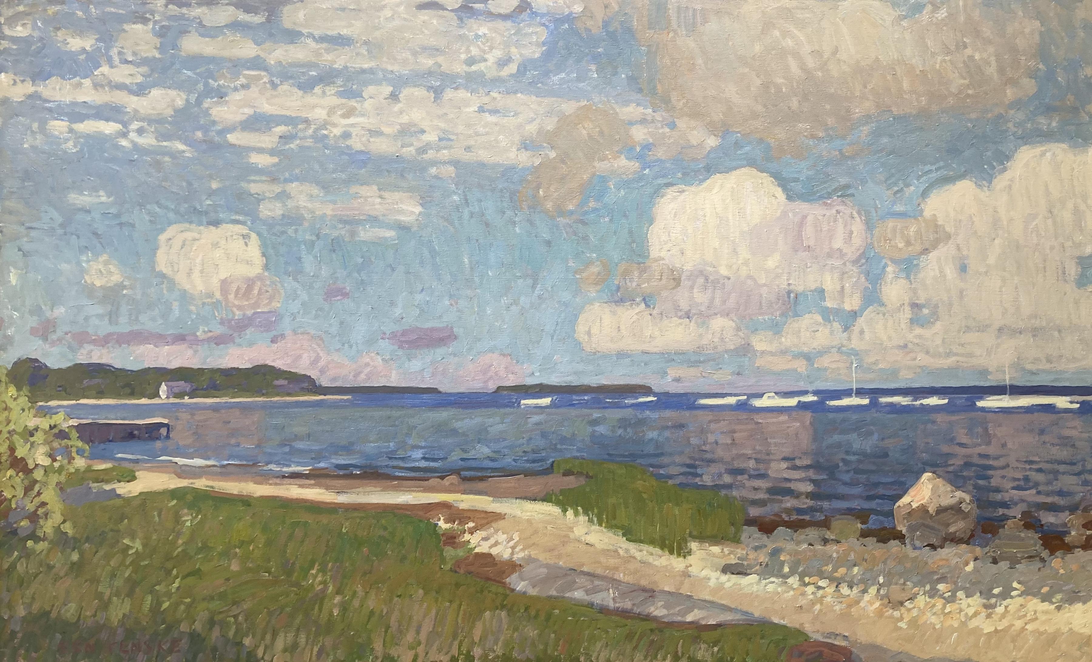 "Panorama di Secret Beach all'inizio dell'autunno" - pittura a olio, nuvole di Hamptons Seascape