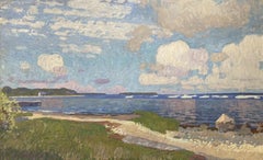 "Secret Beach Panorama in Early Autumn" - oil painting, Hamptons Seascape clouds