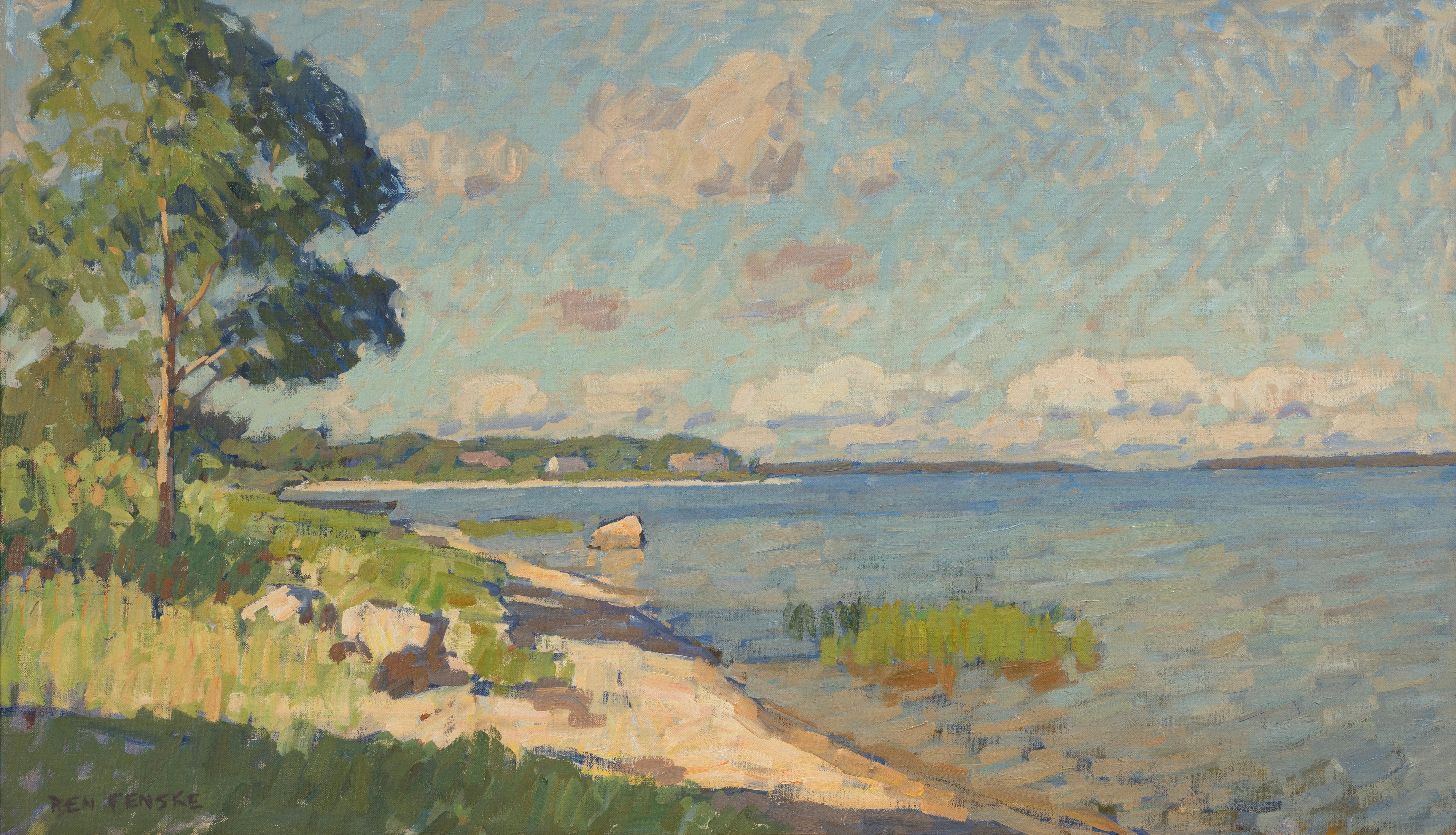 Ben Fenske Landscape Painting – „Secret Beach, Shadows“ 2023, impressionistische Pleinair-Landschaft in Long Island, NY