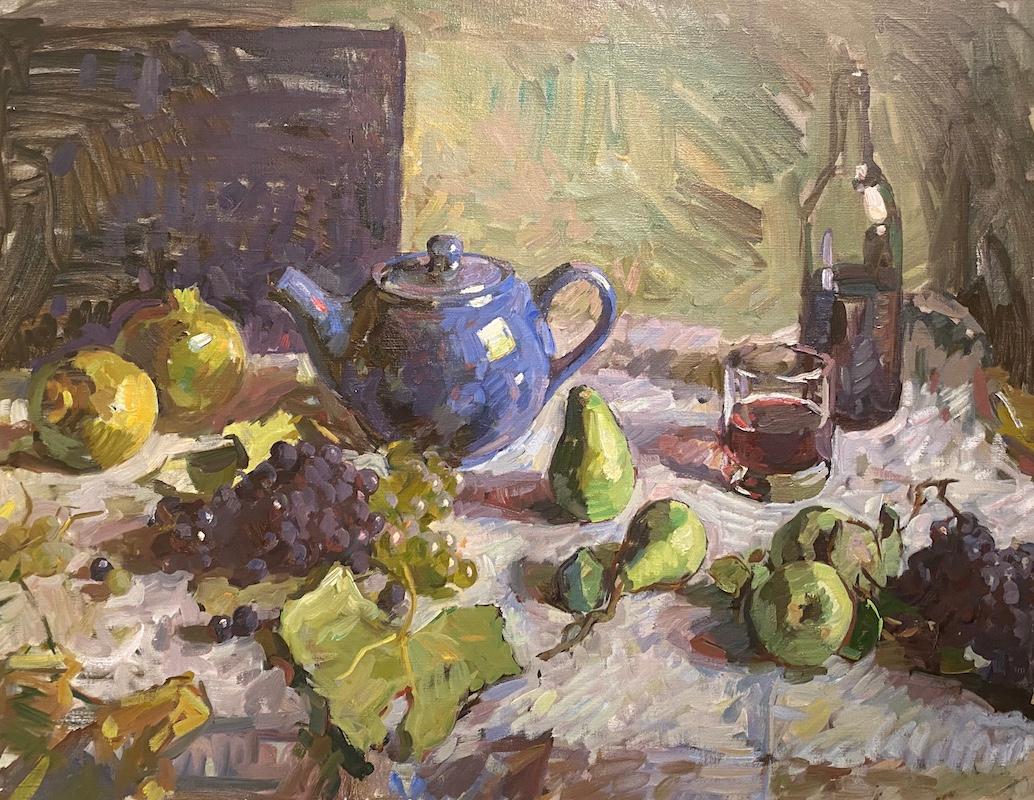Ben Fenske Interior Painting - "September Still Life" impressionist composition of rustic Tuscan spread