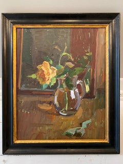 Impressionistisches Ölgemälde "Single Rose", orangefarbene Rosenblüte im Glas, gerahmt