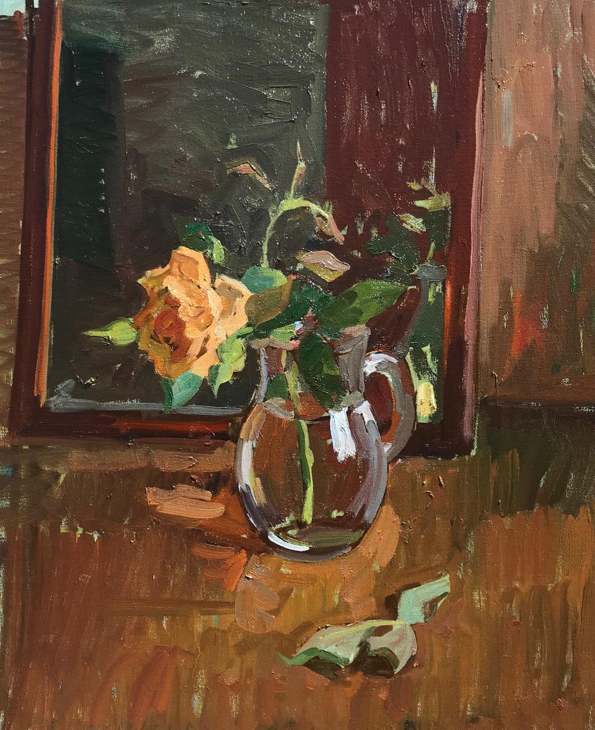 Ben Fenske Interior Painting - "Single Rose" impressionist oil painting of rustic still life 