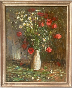 "Spring, Wildflowers" Oil painting, Impressionist still life red poppies, framed