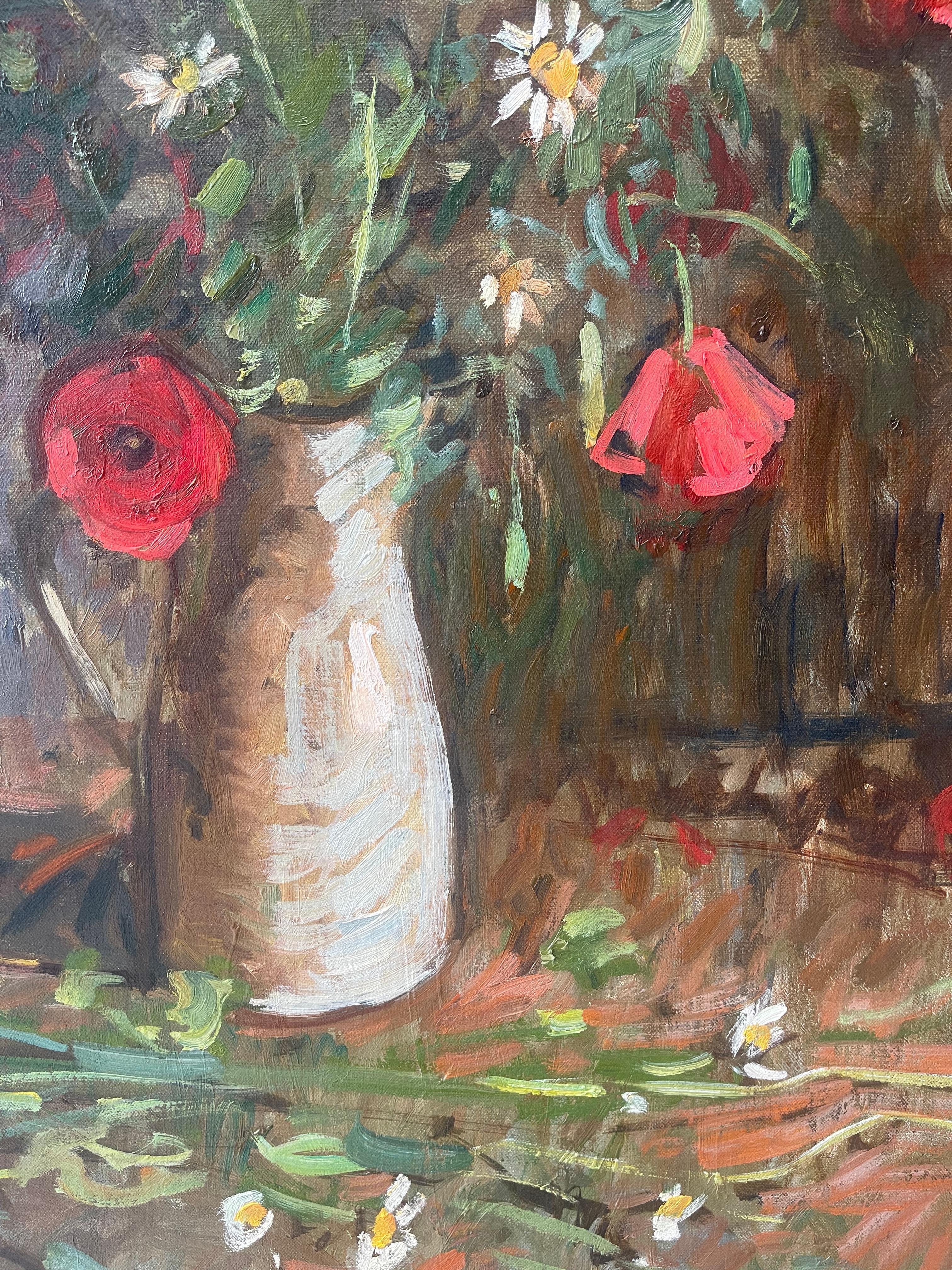 Une peinture à l'huile de fleurs sauvages de Toscane (coquelicots rouges, camomille et marguerites), par l'impressionniste américain contemporain Ben Fenske. 

Dimensions de la peinture : 35.5 x 29.5 pouces
Dimensions encadrées : 41 x 35