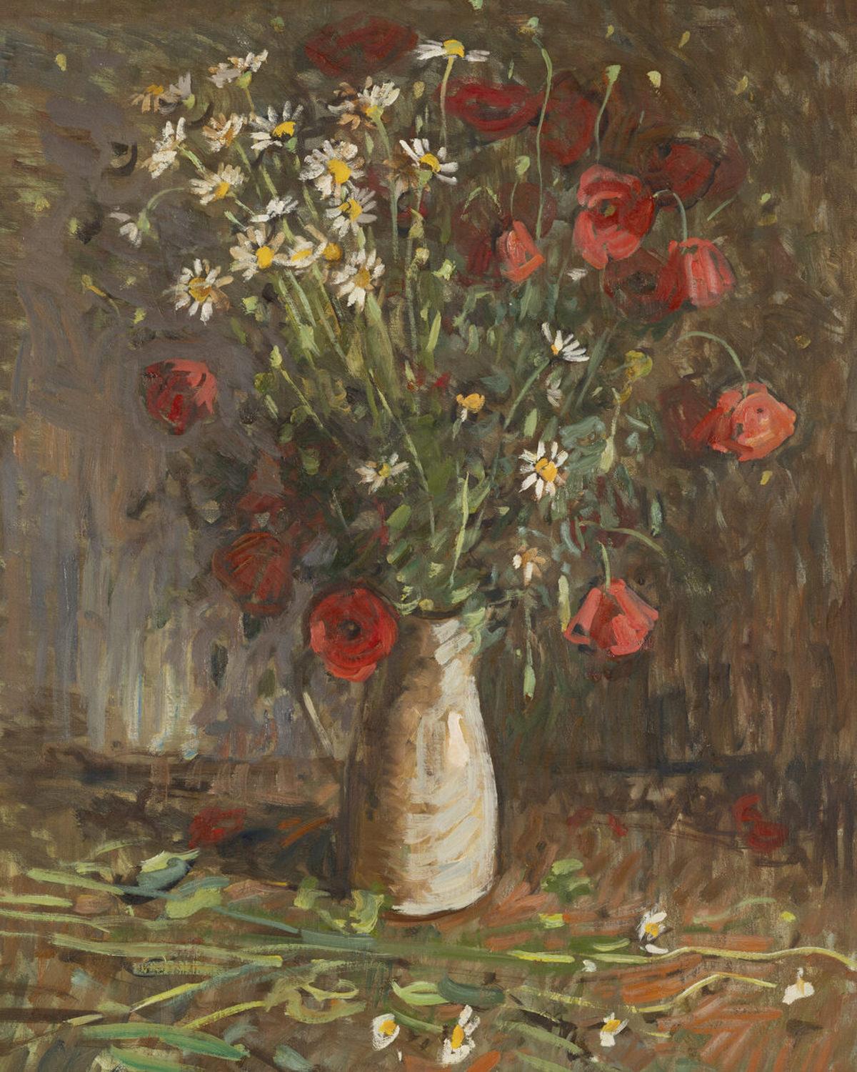 „Frühling, Wildblumen“ Neoimpressionistisches Stillleben mit roten Mohnblumen in der Toskana