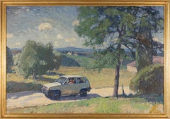 "Estate" Paesaggio neoimpressionista di Fiat che guida lungo la campagna toscana