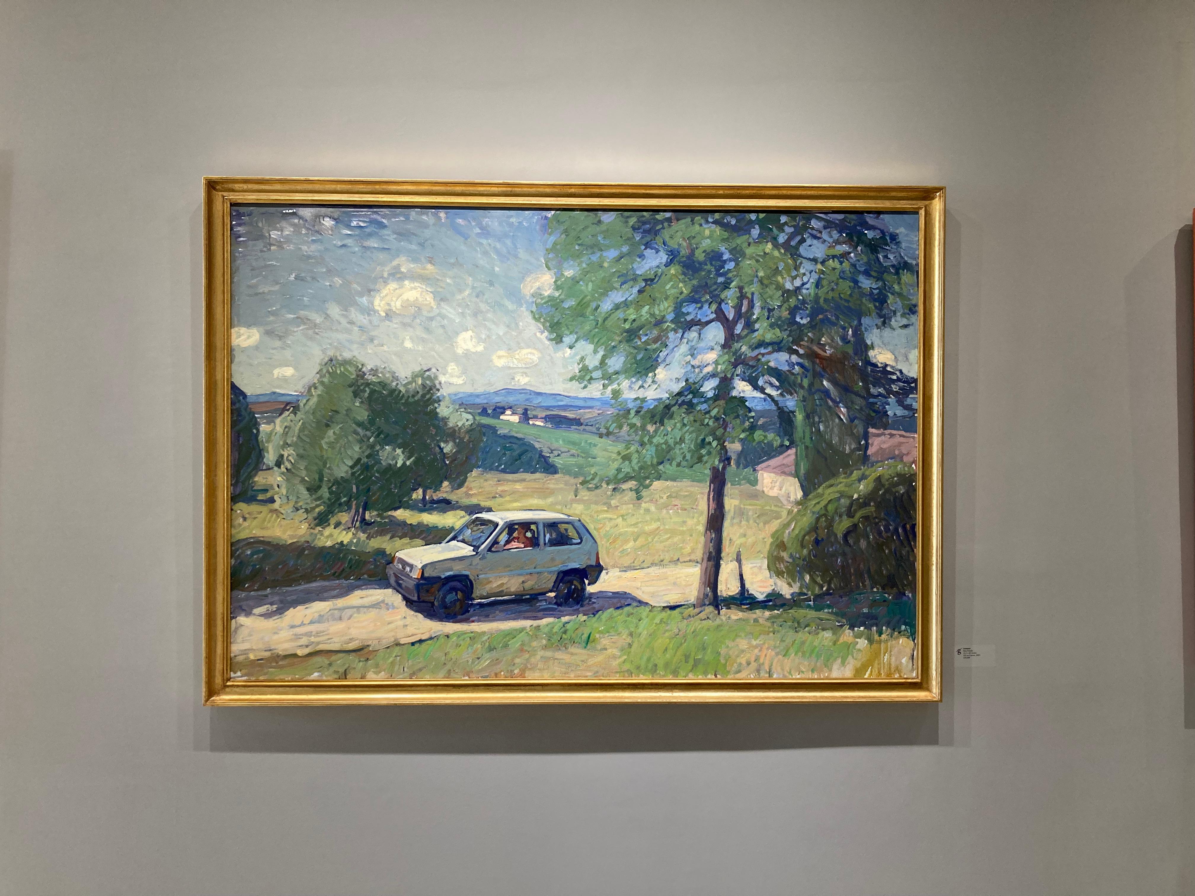 Tuscan Summer is preserved in this Neo impressionist style oil painting. A woman in a Fiat drives along the dirt road with the windows down, enjoying the fresh air. The landscape incorporates green trees, grassy meadows, and distant hills. A blue