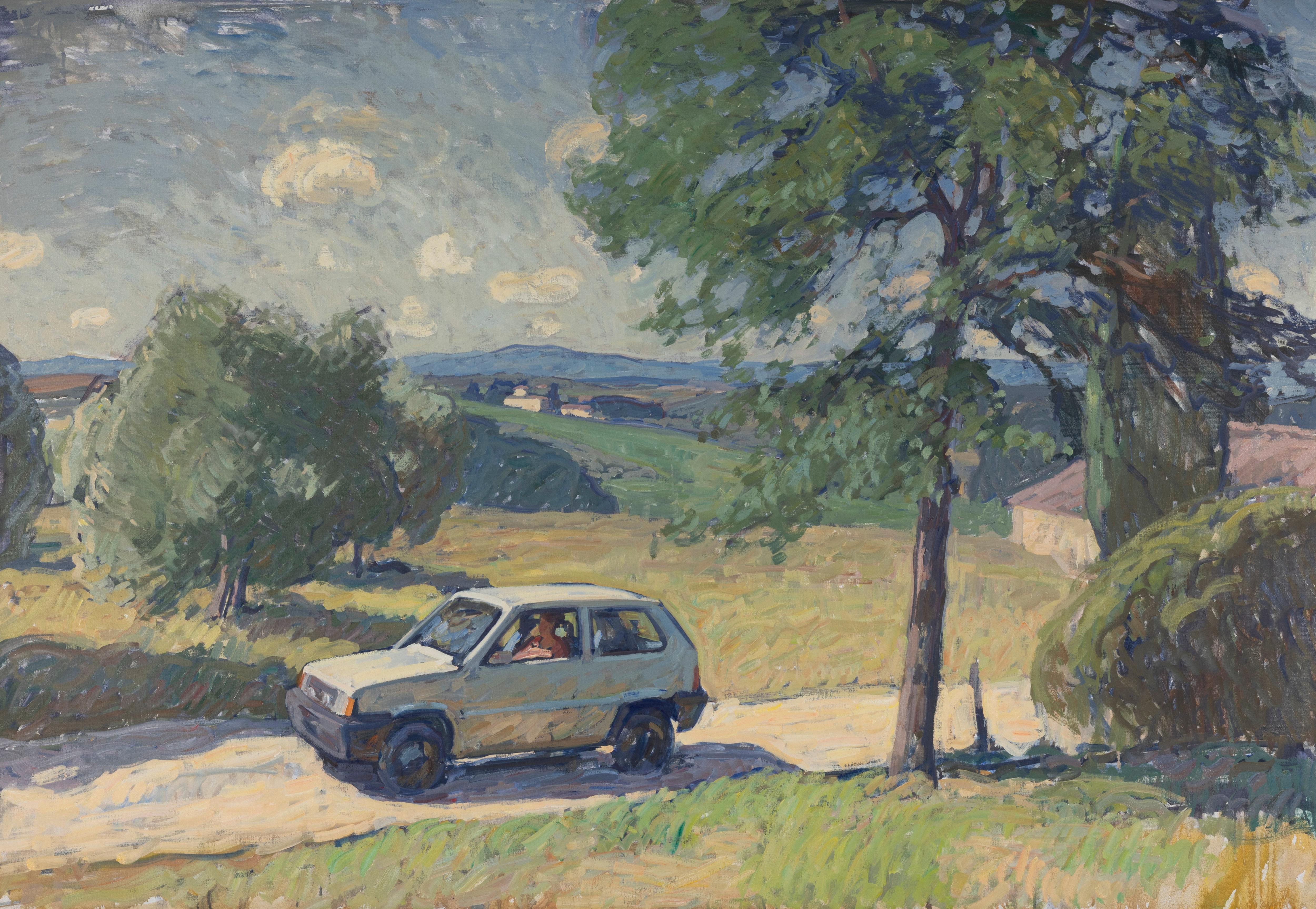 Ben Fenske Landscape Painting - "Summer" Neo Impressionist landscape of Fiat driving along Tuscan countryside