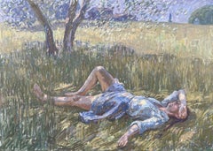 "Verano" chica tumbada al sol, Italia, impresionista, óleo