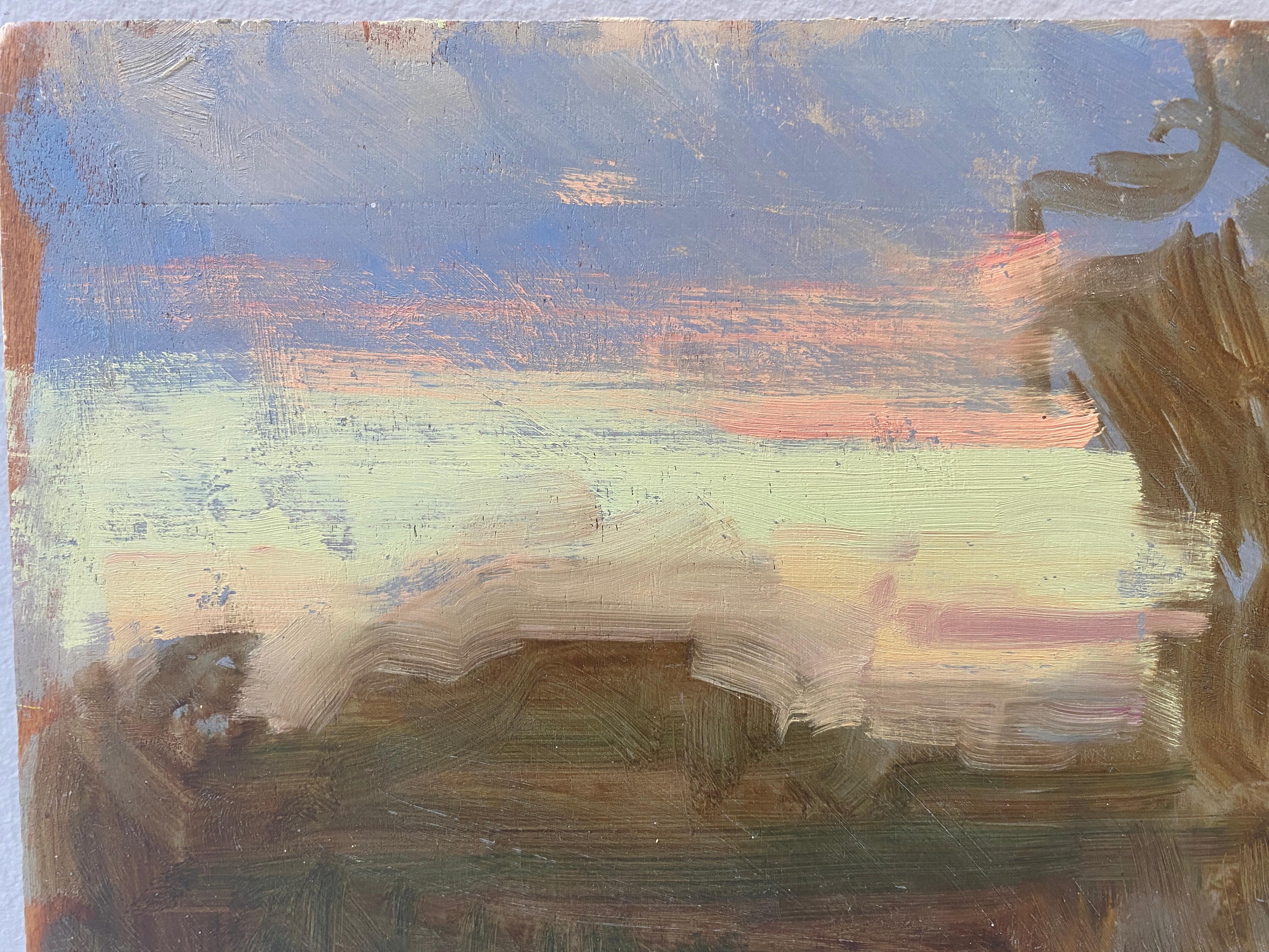 Painted en plein air in Tuscany, an early morning landscape painted at sunrise. The sky turns from a deep lilac on top, to a soft pink and bright pale yellow towards the horizon. A big blossoming tree stands firm in the foreground. Painted on wood
