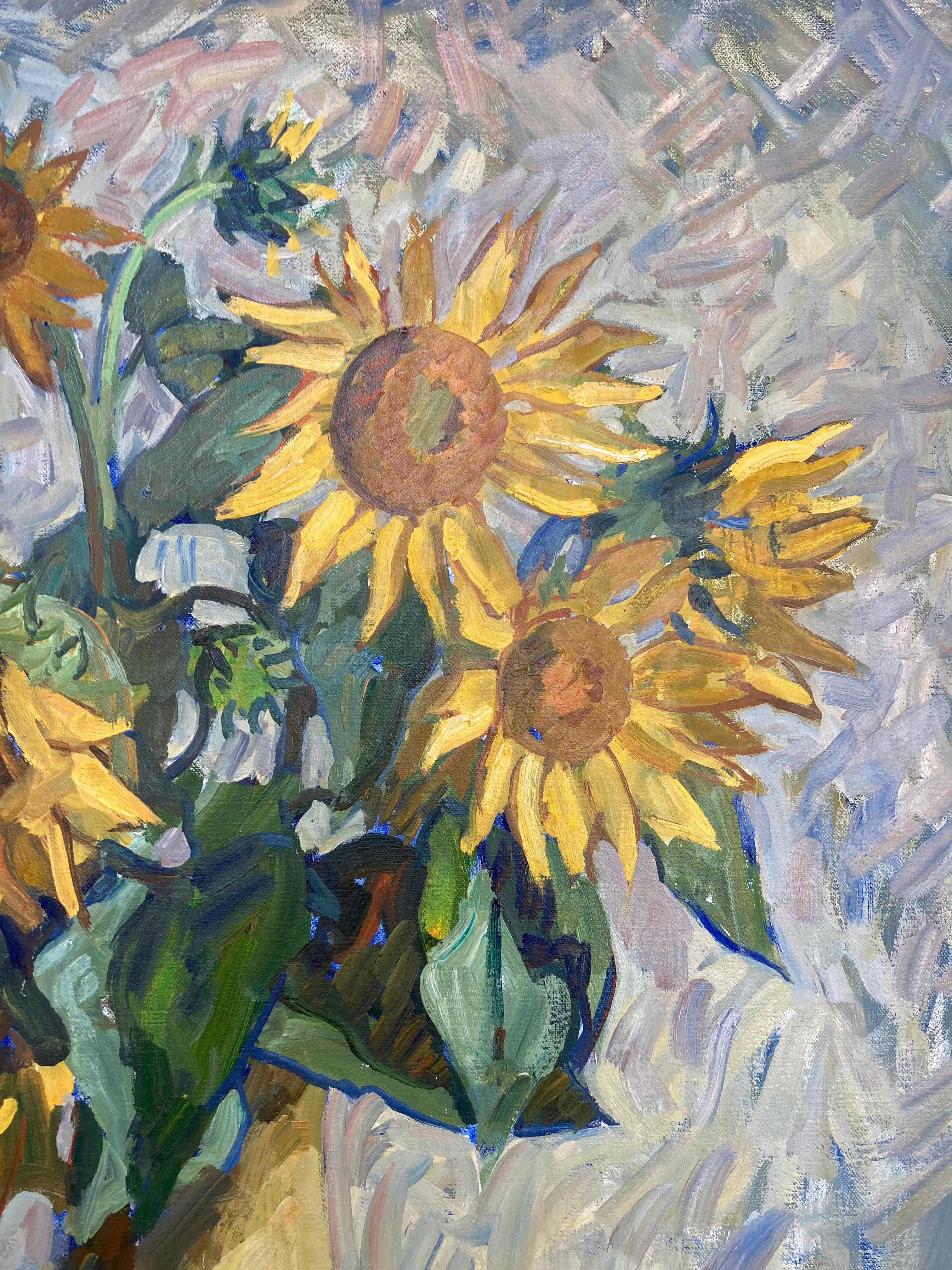 An oil painting of bright yellow sunflowers standing tall in a slender vase, against a light blue backdrop. 

Framed Dimensions: 39.5 x 31.5 inches

Inspired by the French Impressionists, Ben Fenske’s timeless, vividly colored paintings are