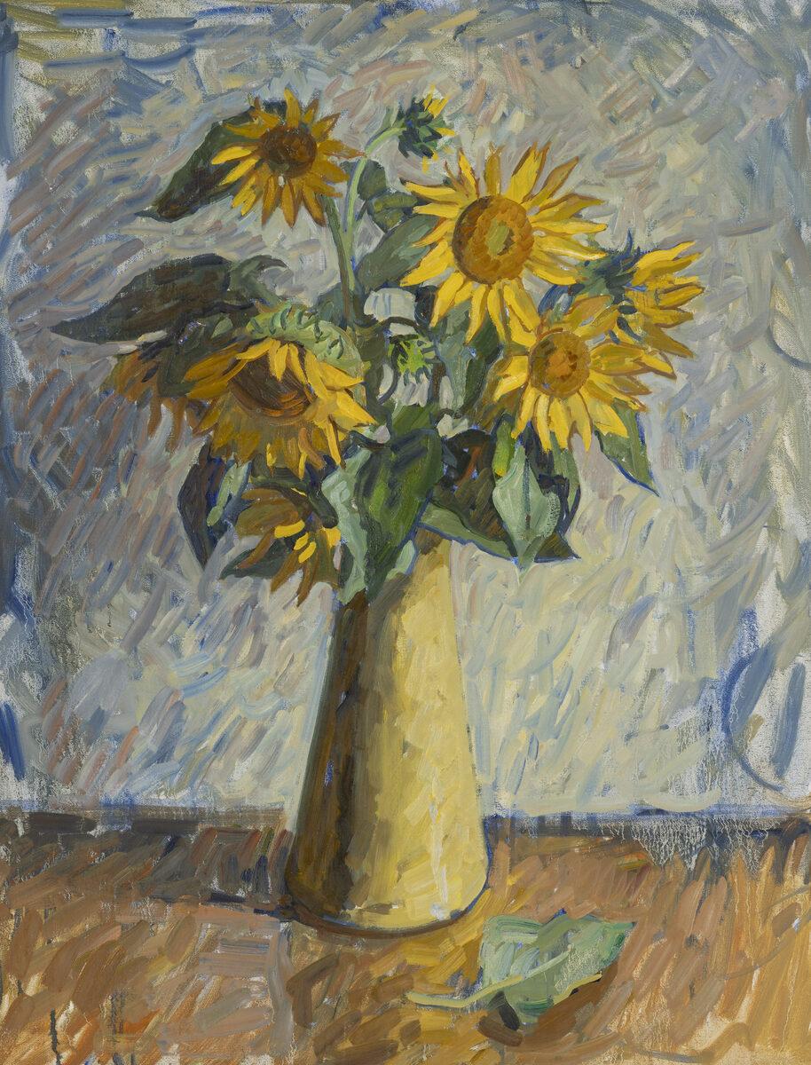 Landscape Painting Ben Fenske - "Tournesols" peinture impressionniste contemporaine de nature morte coups de pinceau vifs.