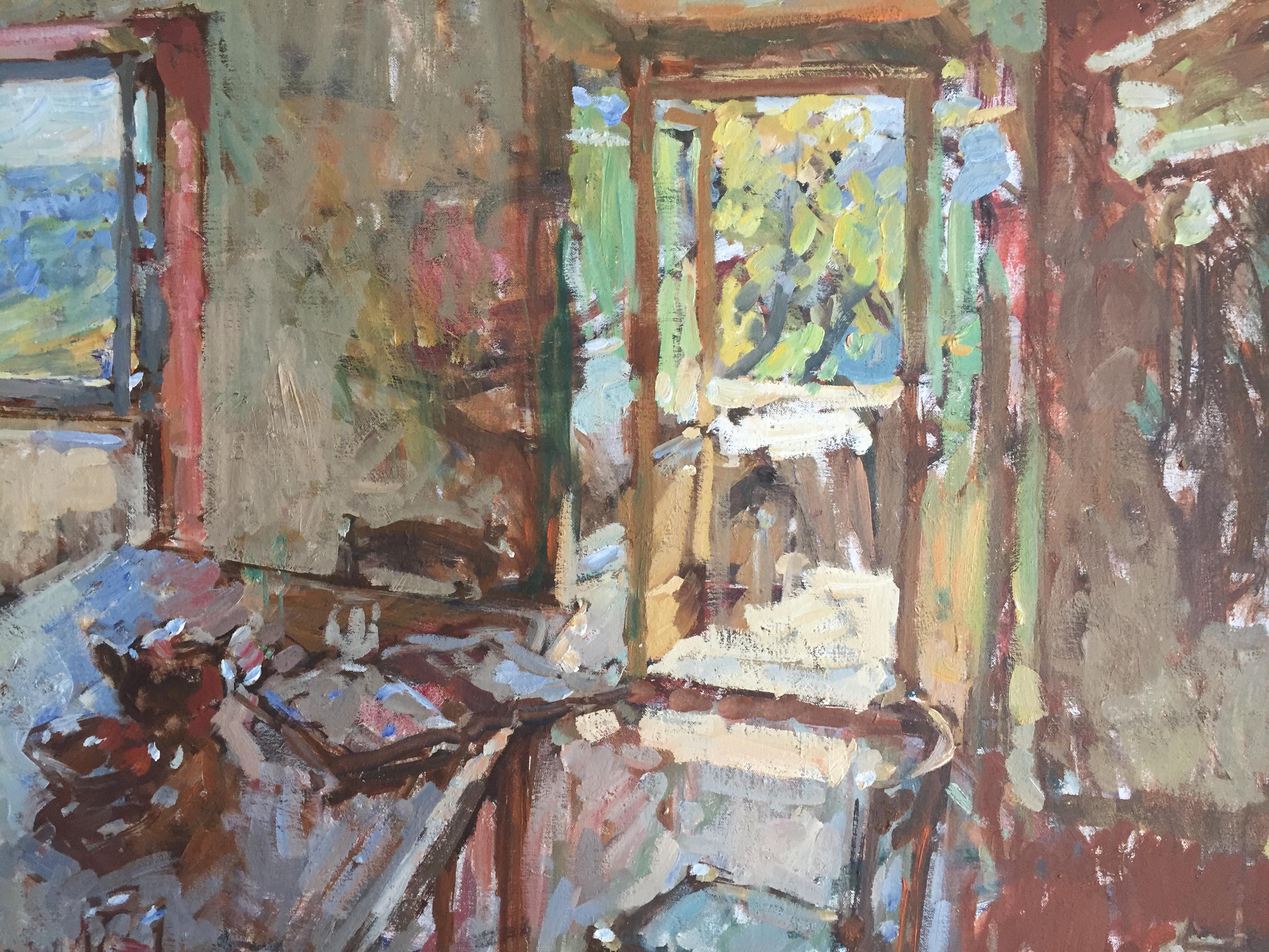 Photographed images of painting with both lights on, and in natural light. 

An oil on canvas painting of Fenske's dining room, at his Tuscan farm house. Filled with light from wide open windows. Painted with vibrant colors and wide, joyous