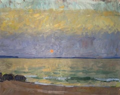 “Sunset with Lavender Sky” American impressionist landscape painting, cool tones