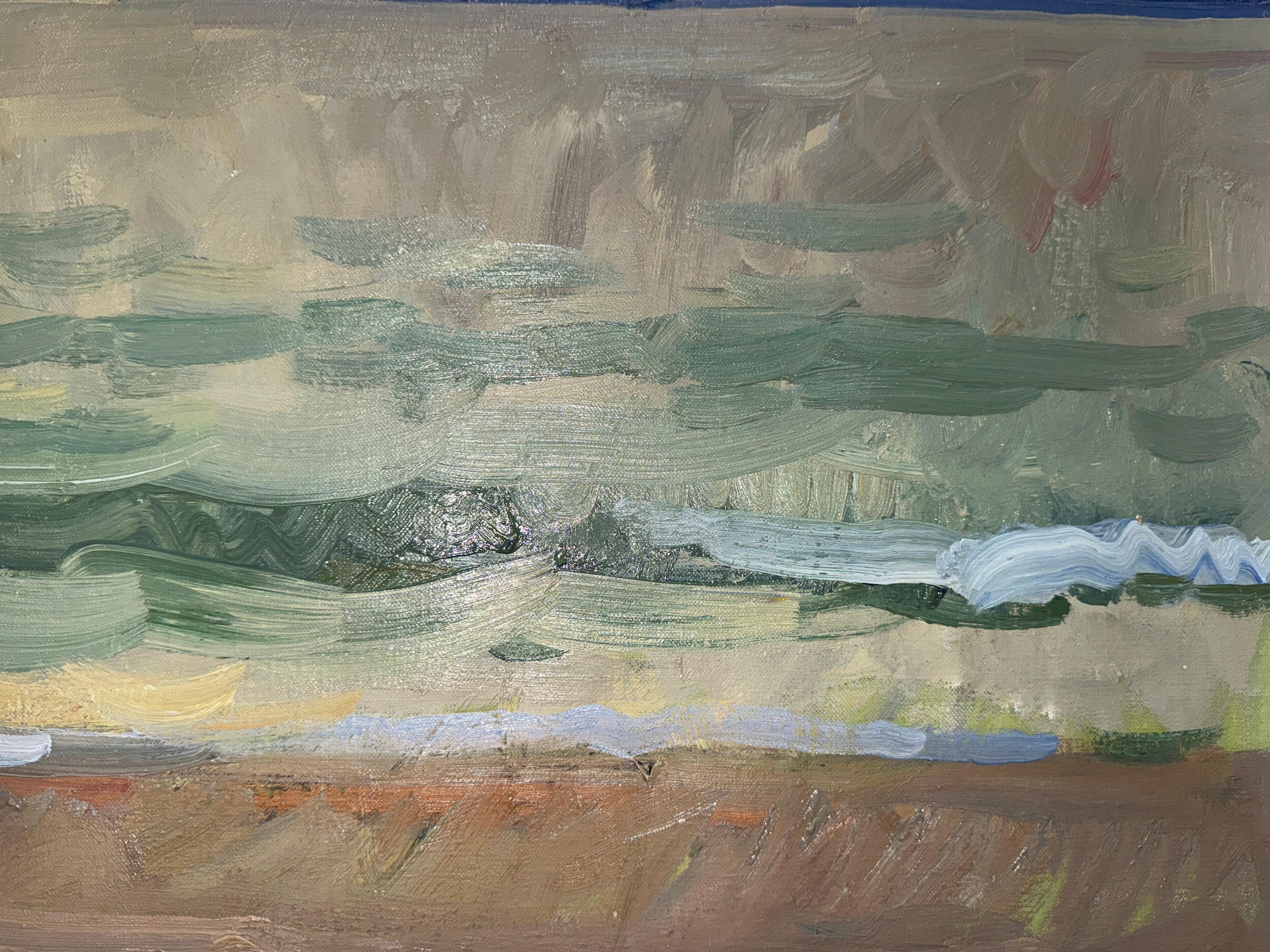 Ein Ölgemälde von Ben Fenske, auf dem die Sonne über dem Meer untergeht. Gemalt mit Fenskes dicken, eindringlichen Pinselstrichen in seinem neoimpressionistischen Stil. 

Dieses Ölgemälde ist derzeit nicht aufgespannt und ungerahmt. In diesem