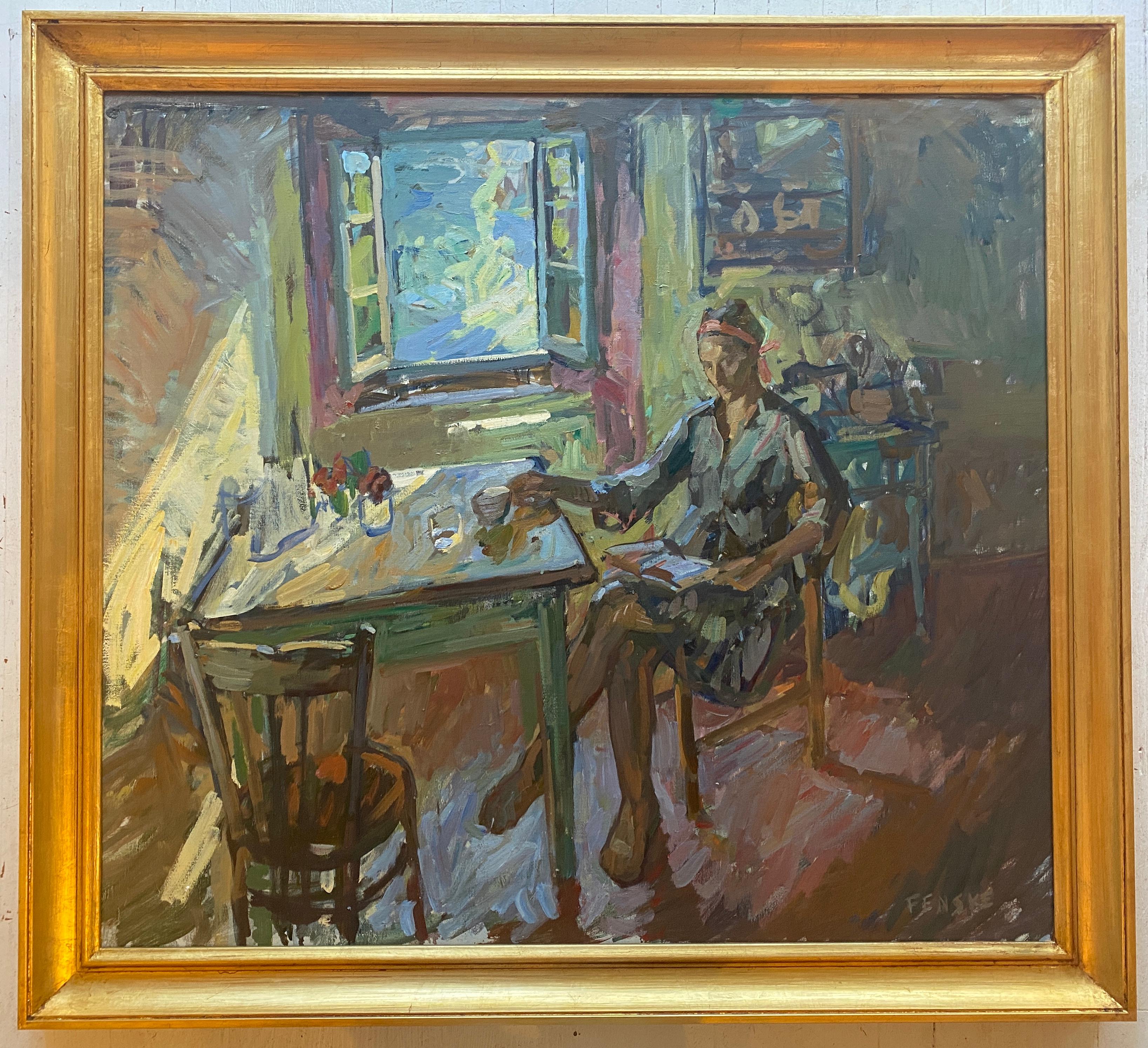 « Tea, Reading », composition impressionniste représentant une femme à la table de cuisine, Toscane - Painting de Ben Fenske